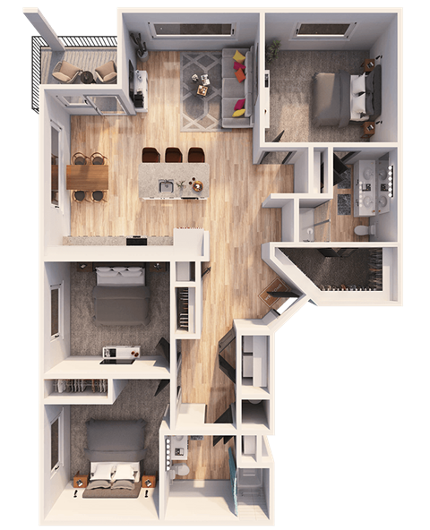 Floor plan for 3 beds, 2 baths, 1406 sqft